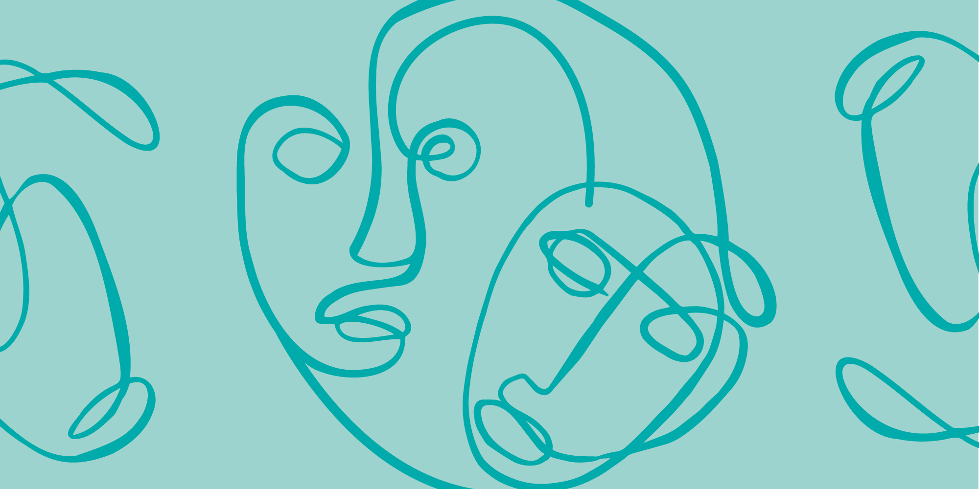 HX blue illustrated faces on teal background