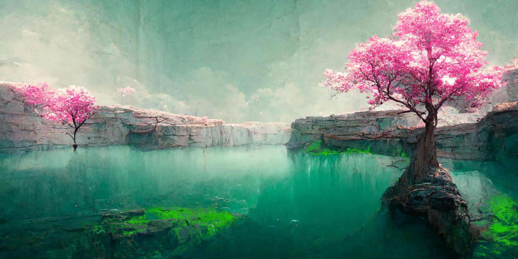 Green river flowing through canyon with pink trees on either side. Hero Image