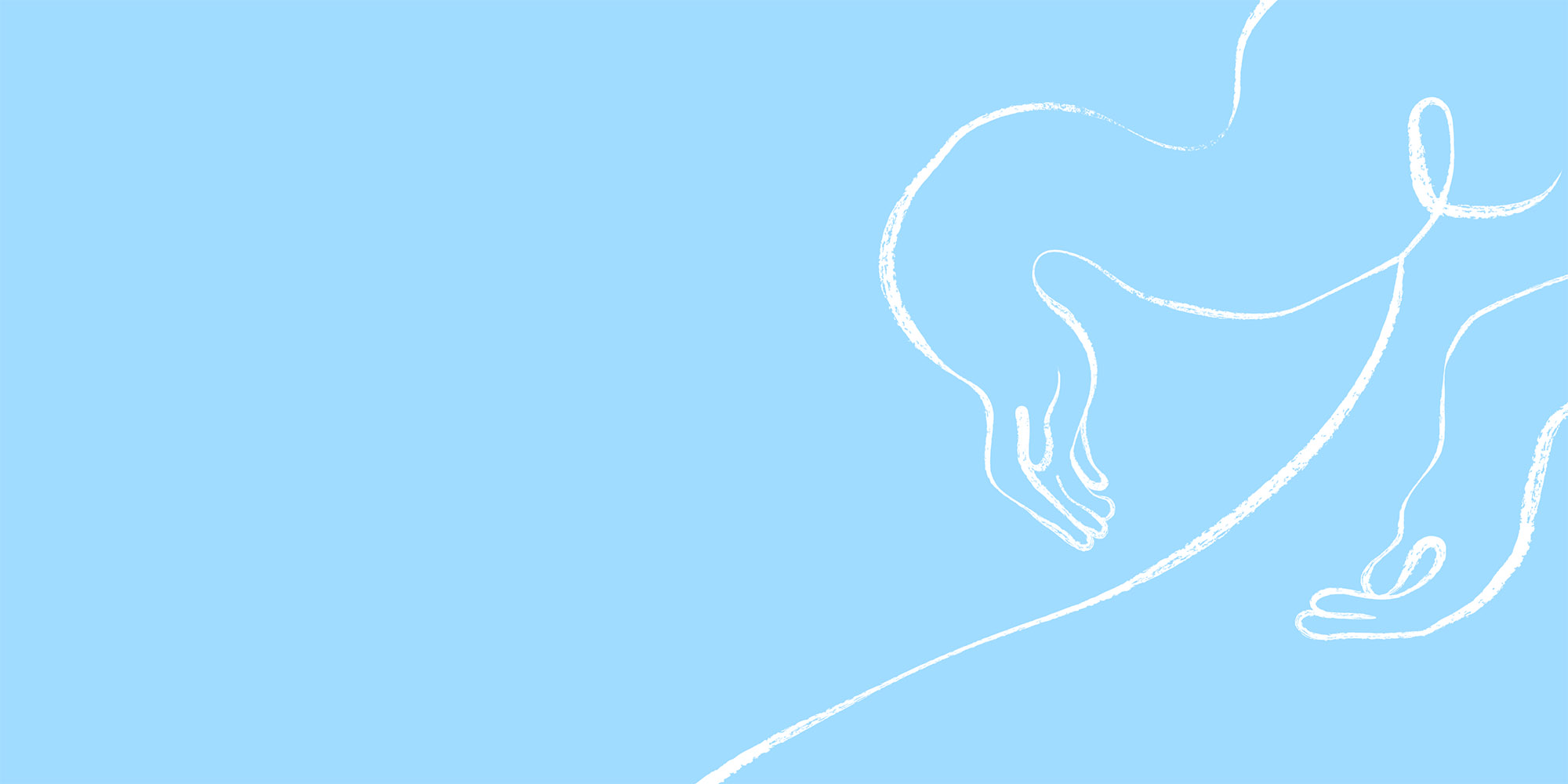An organic human figure drawn in loose white brush strokes on a background of light blue