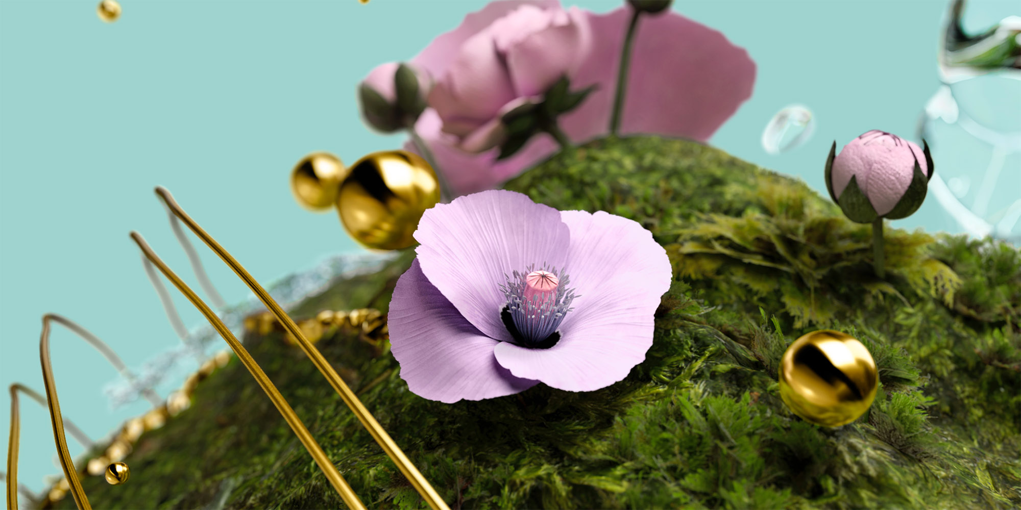 A purplish-pink poppy flower with water droplets resting on its petals, surrounded by floating gold spheres on a bed of moss.