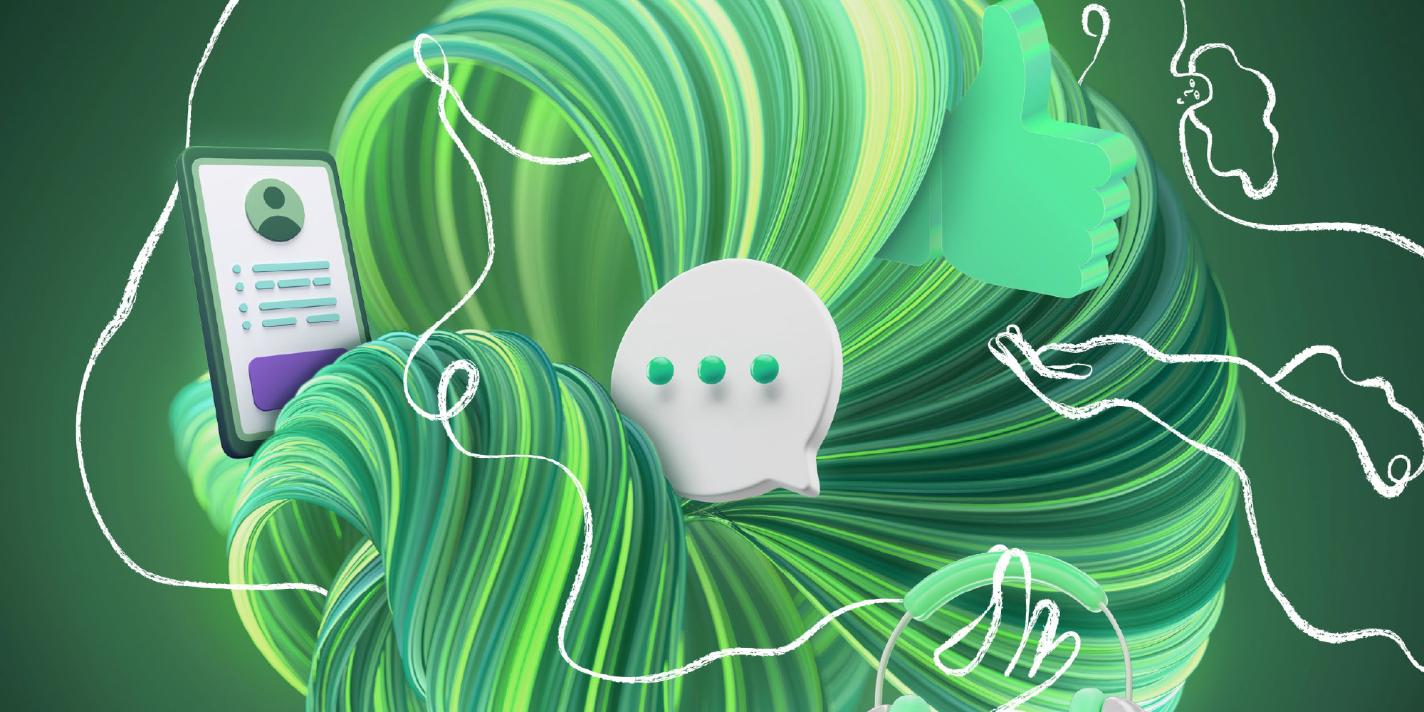 cellphone and text bubble in swirling green circle