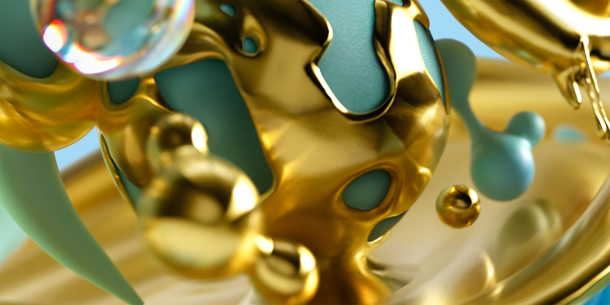 Metallic gold and matte teal liquids swirl together, touching and forming loose shapes but never mixing