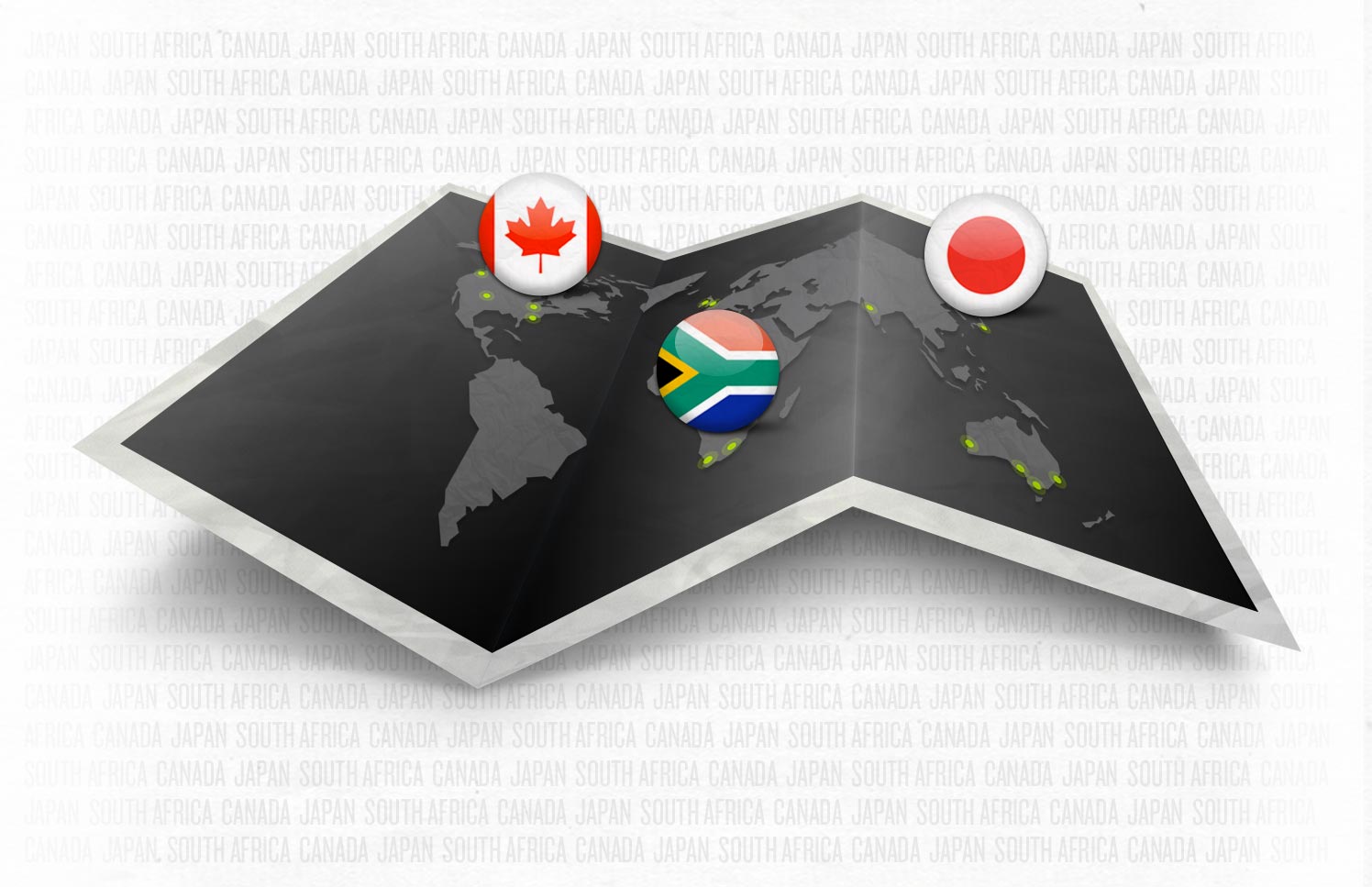 Graphic of a folded black and grey map with the three new studios marked by dots of their country flag
