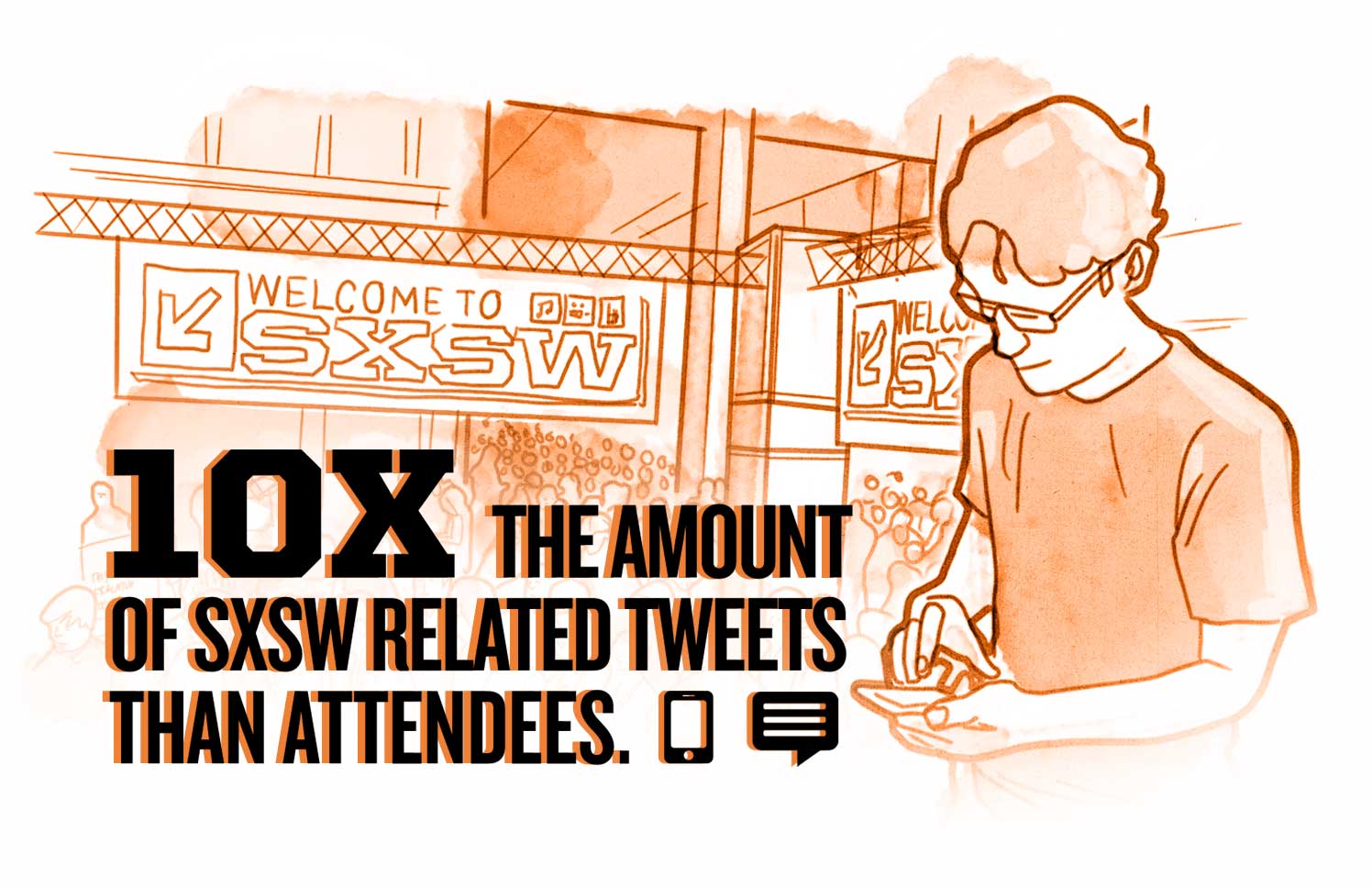 Illustrated graphic of a man using a smartphone overlaid by text: 10x the amount of SXSW related tweets than attendees.