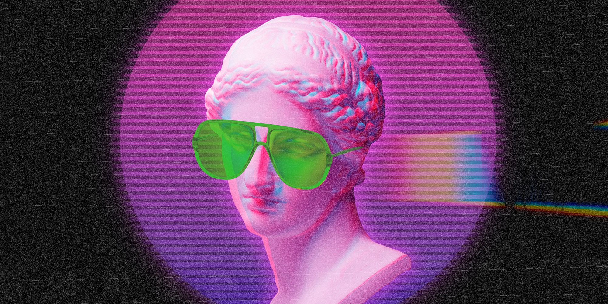 statue head with green glasses on hot pink circle