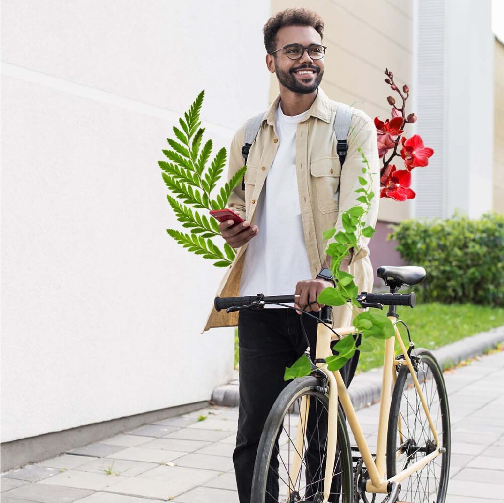man with bike and flowers