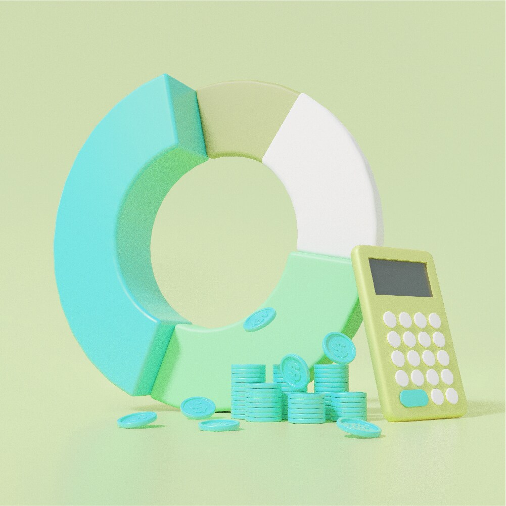 calculator and conis in front of circular chart
