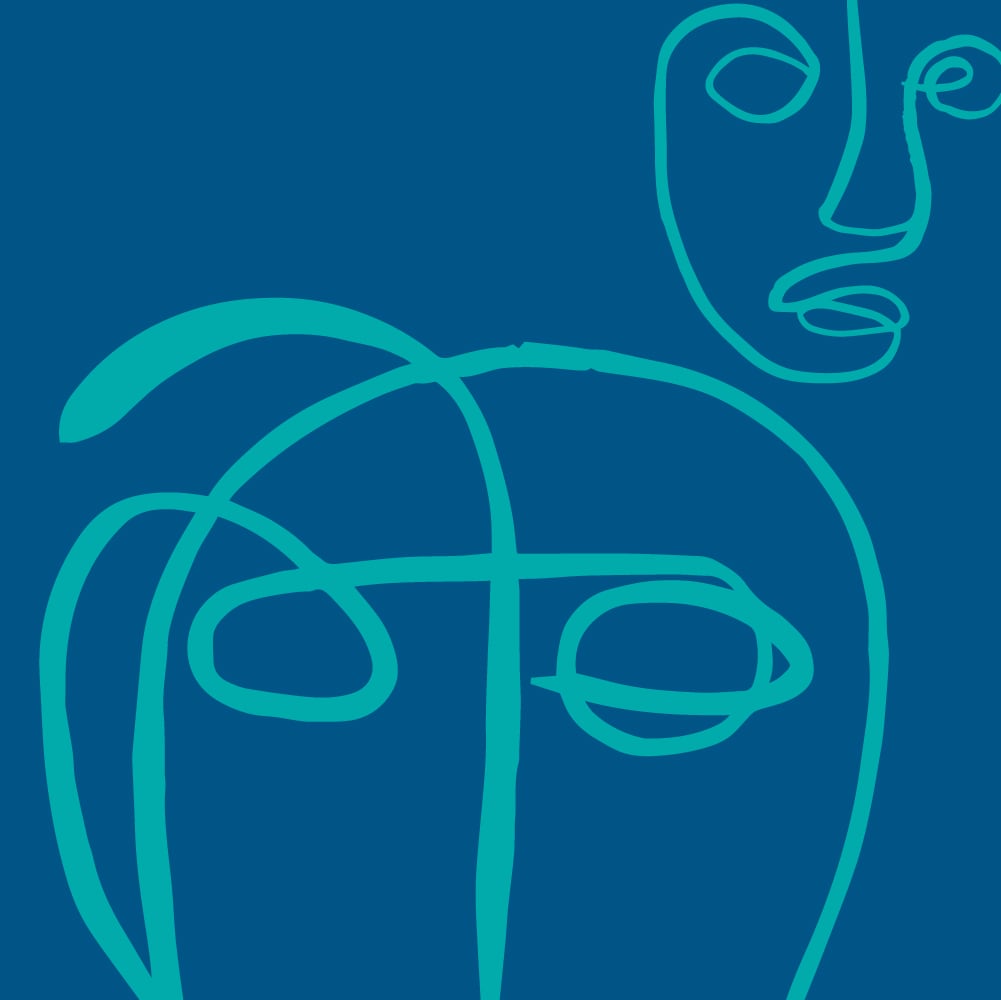 illustrated faces on blue background