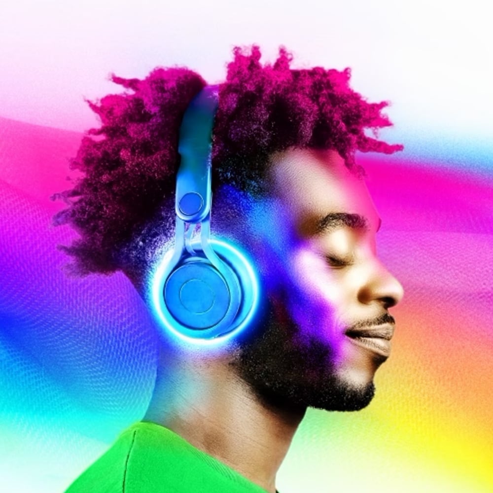man with headphones on rainbow background