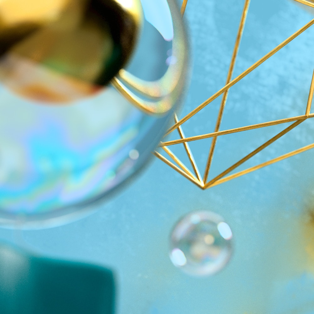 gold ball and bubbles on blue background