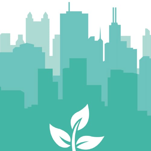 graphic of cityscape with plant silhouette in foreground