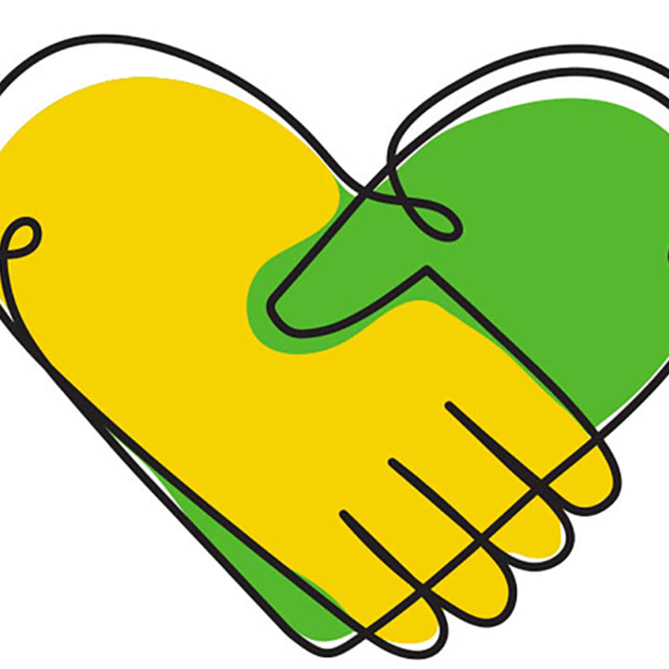 yellow and green hands shaking in a heart