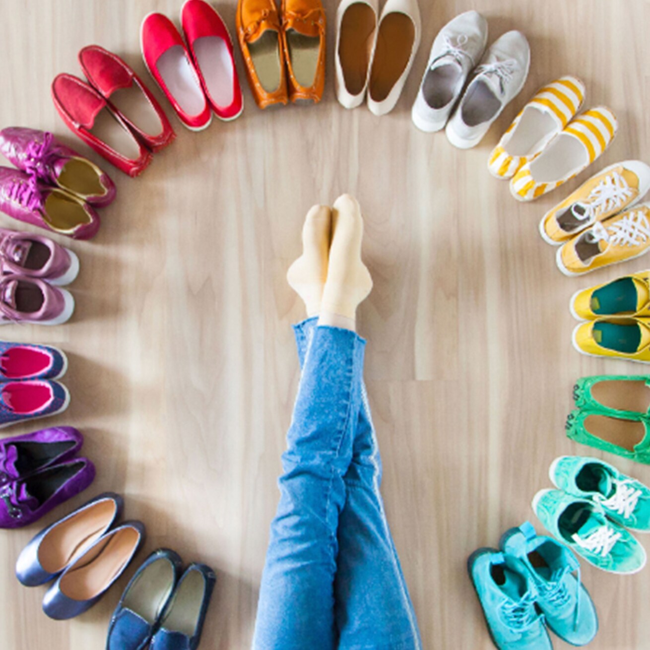 colorful shoes in circle with legs