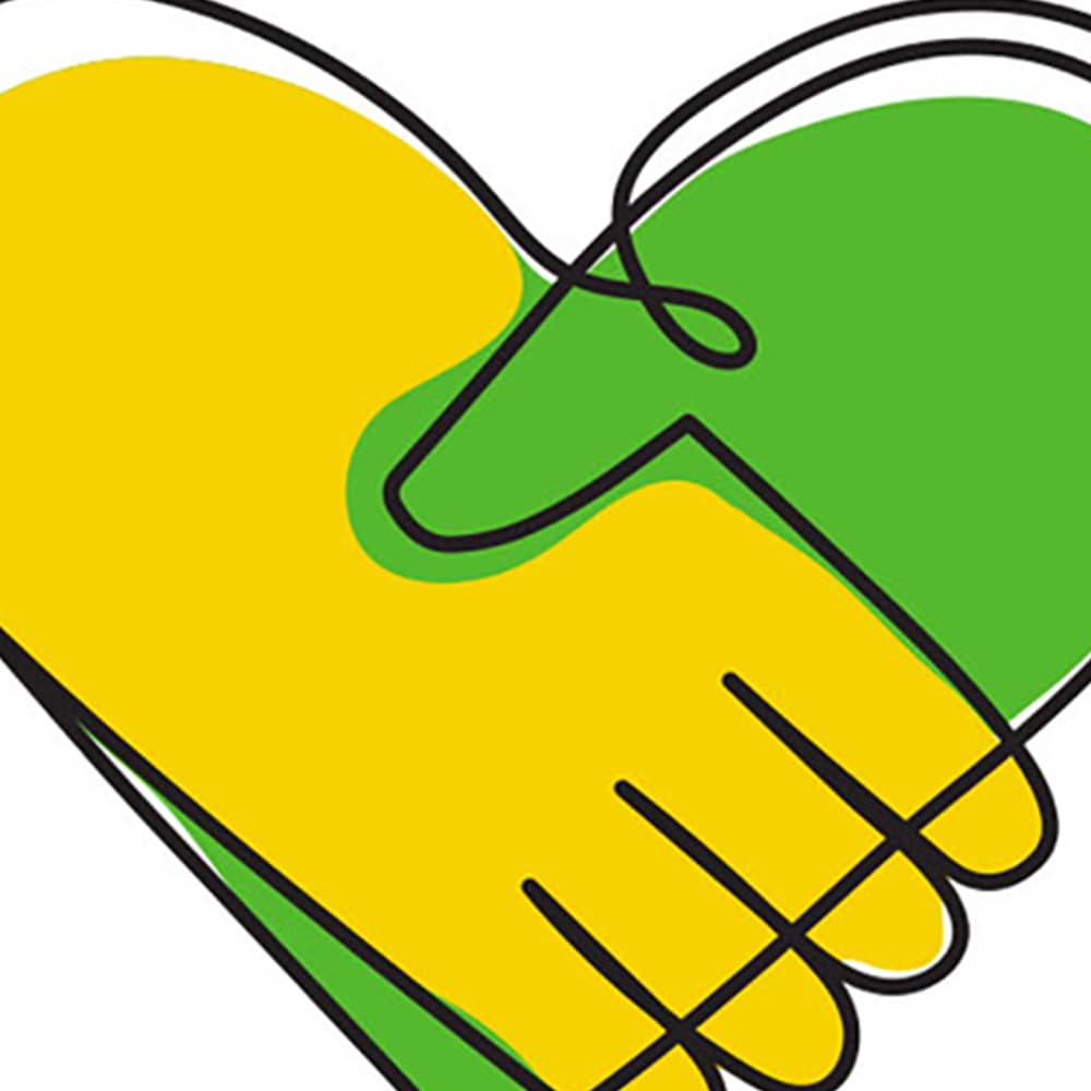 yellow and green hands shaking in a heart