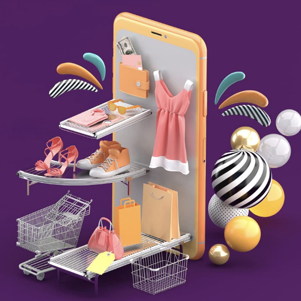 shopping merchandise and cellphone on purple background
