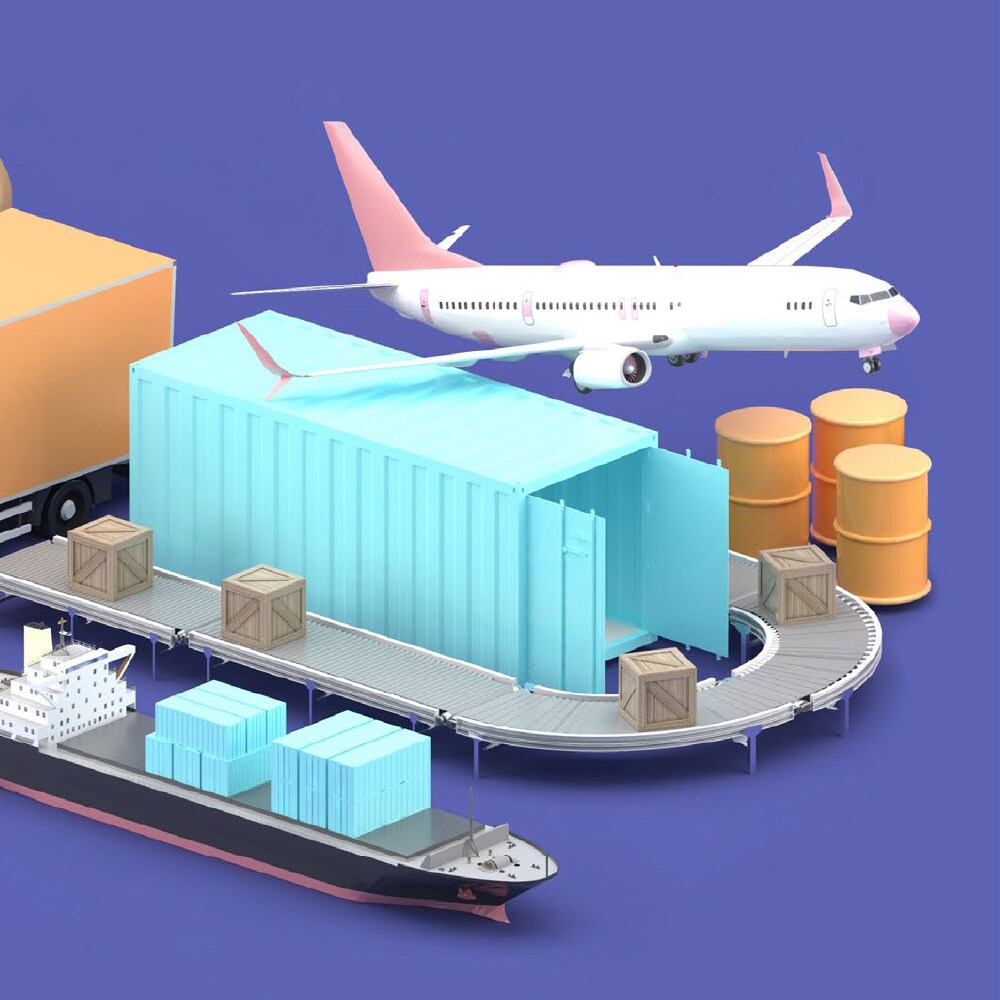 airplain and shipping container on purple background
