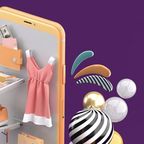 merchandise and cellphone on purple background