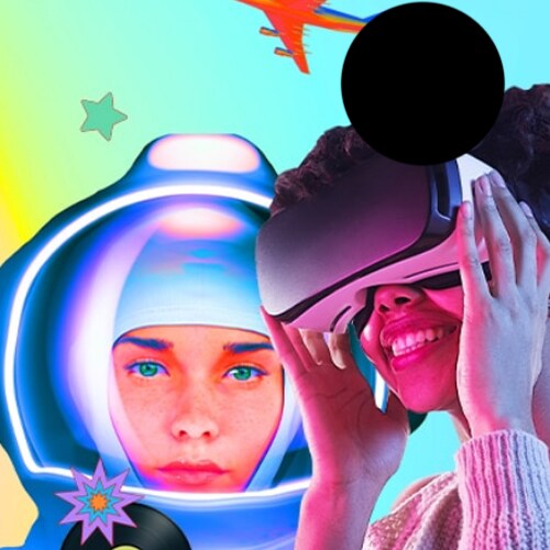 girl with VR goggles in front of colorful graphic girl in astronaut helmet