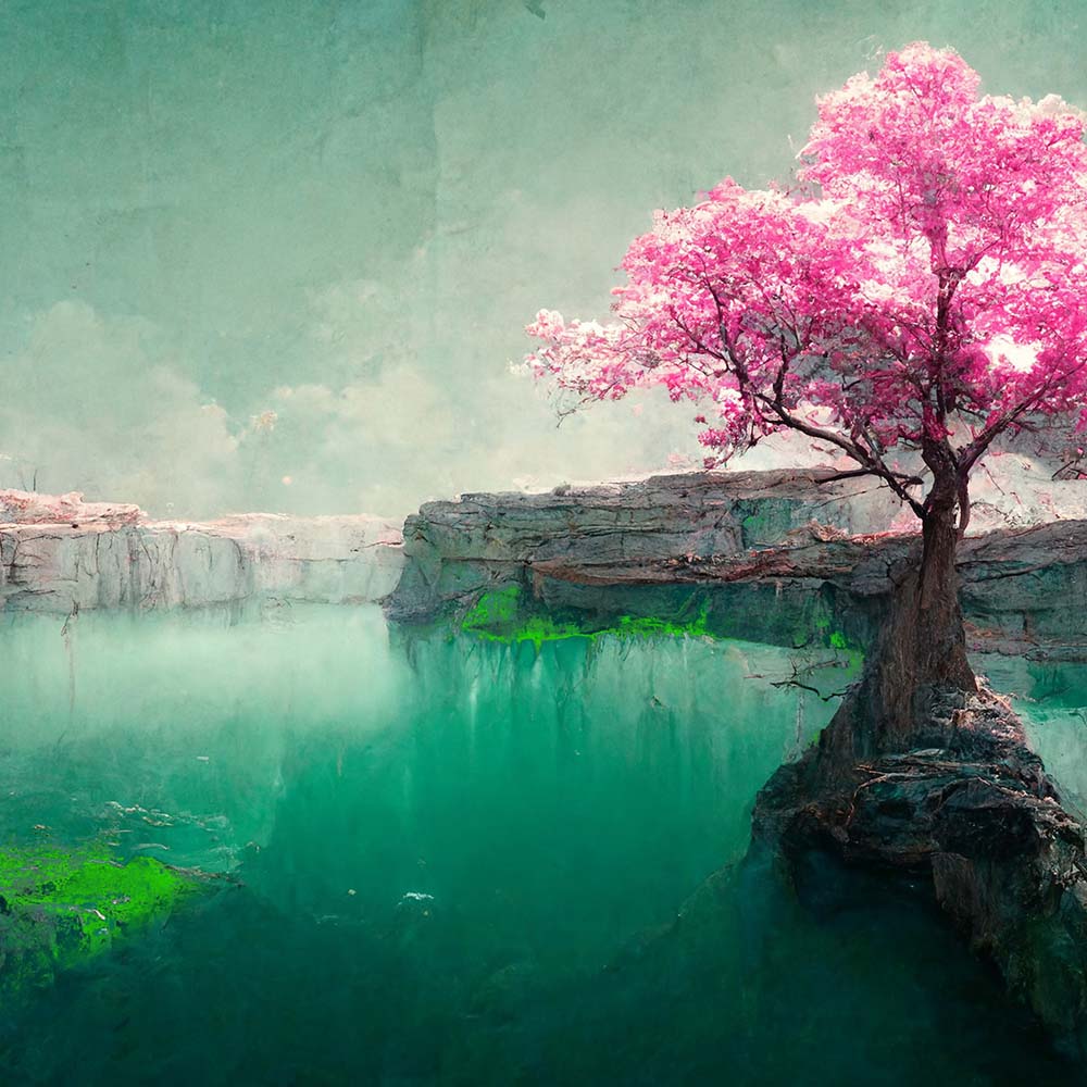 pink tree growing in green water